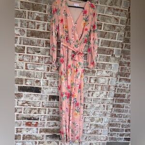 Pink Lily Peach Floral Wrap Bust Long Sleeved Maxi Dress